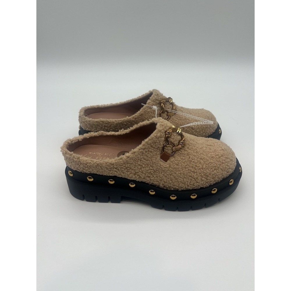 Circus NY Sam Edelman Women 8 Sherpa Platform Clogs Studded Chain Mules Beige